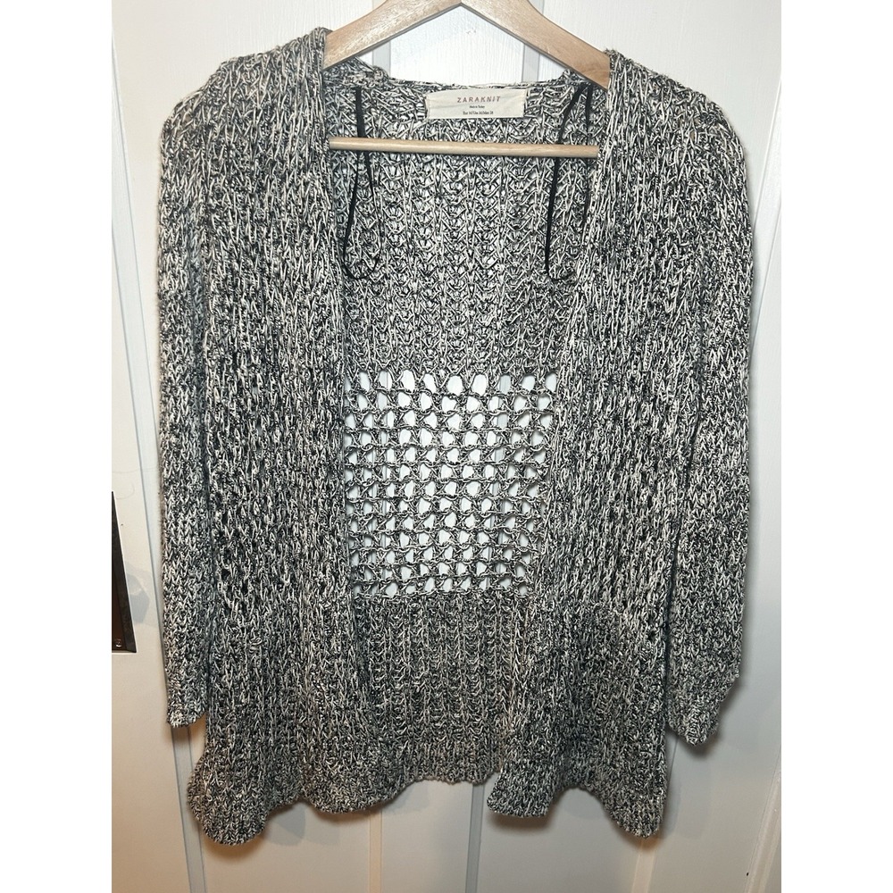 Zara Knit Sweater Womens Medium Gray Marbled‎ Open Knit Front